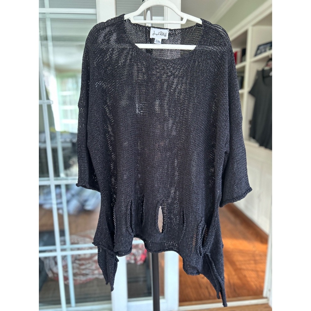 EUC Joseph Ribkoff Sweater L/XL Kerchief Hem Black Distressed Cut Out